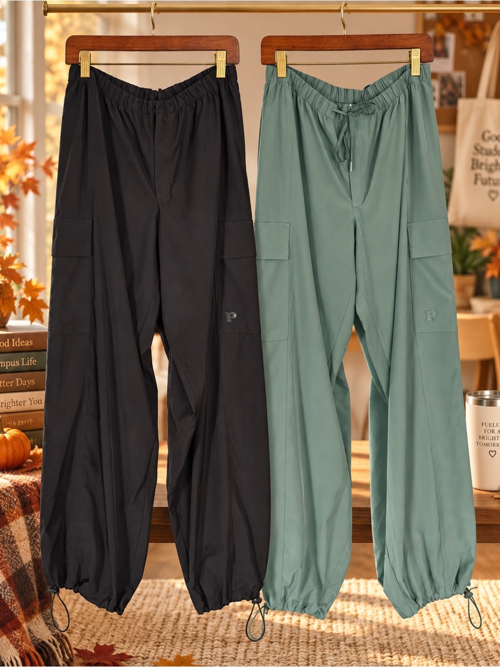 PINK Victoria's Secret women sz m set of 2 Cargo Drawstring Pants - Black & Sage